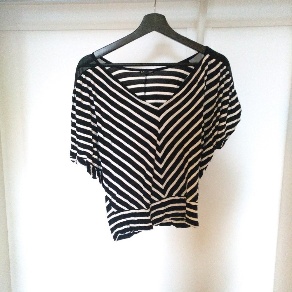 Express V-Neck Black & White Stripe Rayon Top - XS